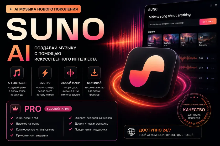 Suno AI Pro 1 год Годовая подписка Полный доступ