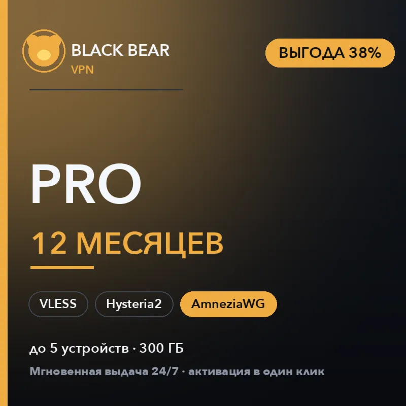 Black Bear VPN Pro 12 месяцев AmneziaWG + VLESS + Hysteria2