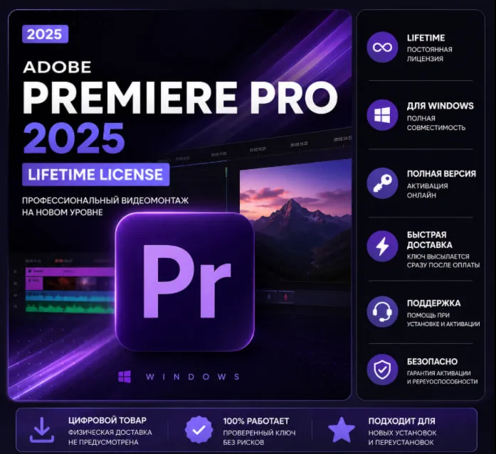 Adobe Premiere Pro 2025 для Windows Lifetime License Цифровой Серийный Номер